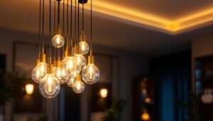 A photograph of a modern led lights chandelier elegantly illuminated in a stylish interior setting