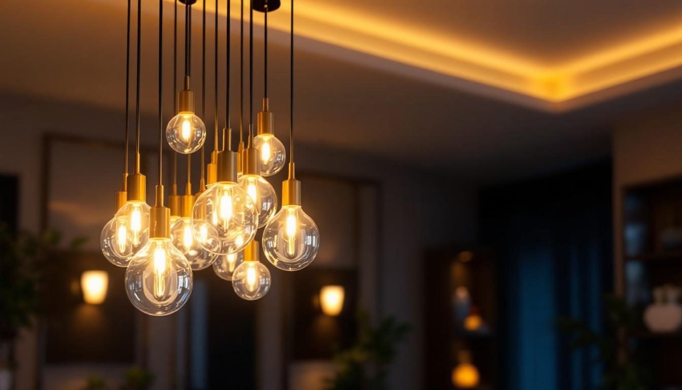 A photograph of a modern led lights chandelier elegantly illuminated in a stylish interior setting