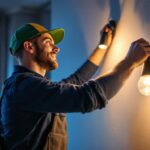 A photograph of a lighting contractor skillfully installing vintaglo led lights in a stylish interior space