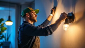 A photograph of a lighting contractor skillfully installing vintaglo led lights in a stylish interior space