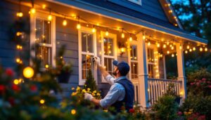 A photograph of a beautifully illuminated outdoor porch adorned with string lights