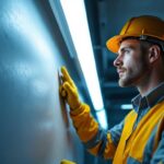 A photograph of a lighting contractor examining a well-lit commercial space