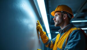 A photograph of a lighting contractor examining a well-lit commercial space