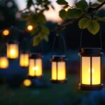 A photograph of a beautifully arranged display of mini hanging solar lanterns in a serene outdoor setting at dusk