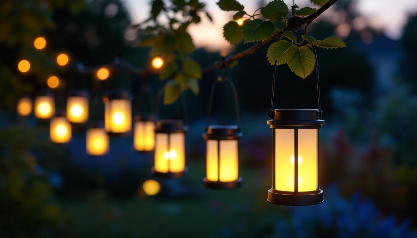 A photograph of a beautifully arranged display of mini hanging solar lanterns in a serene outdoor setting at dusk