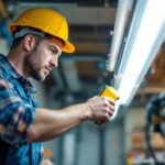 A photograph of capture a photograph of a lighting contractor working on the installation of a fluorescent tube electronic ballast