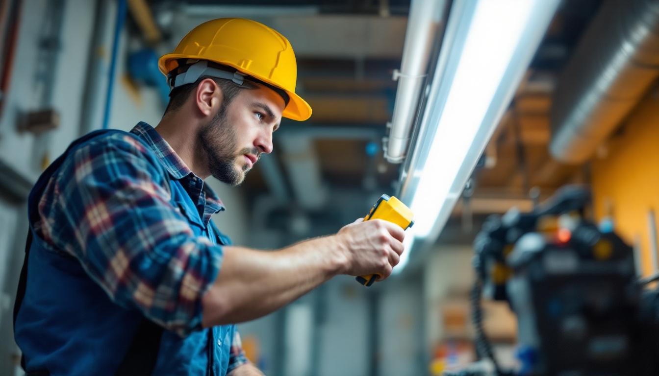 A photograph of capture a photograph of a lighting contractor working on the installation of a fluorescent tube electronic ballast