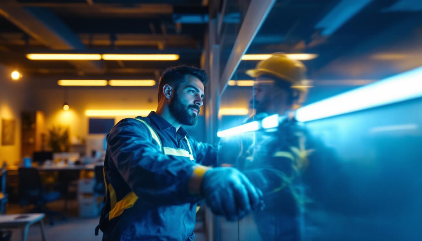 A photograph of a lighting contractor installing a solid led light strip in a modern workspace