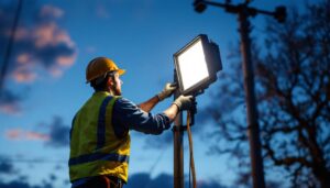 A photograph of a lighting contractor installing a flood light on a tall pole at dusk