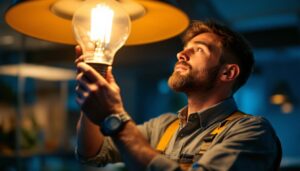 A photograph of a skilled lighting contractor installing or adjusting a large