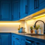 A photograph of a beautifully illuminated kitchen showcasing under cabinet lighting in action