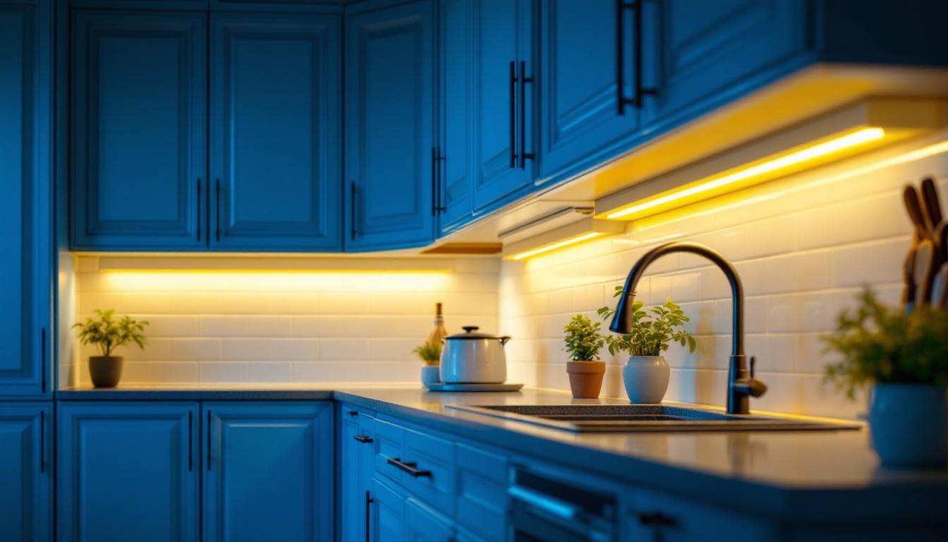 A photograph of a beautifully illuminated kitchen showcasing under cabinet lighting in action
