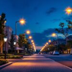 A photograph of a beautifully illuminated street scene at dusk