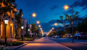 A photograph of a beautifully illuminated street scene at dusk