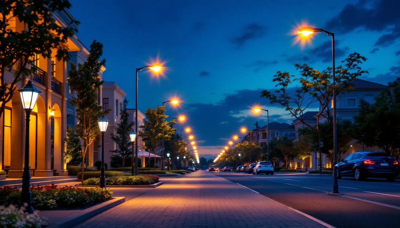 A photograph of a beautifully illuminated street scene at dusk