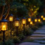 A photograph of an elegant outdoor setting featuring a variety of antique solar lights illuminating a garden pathway