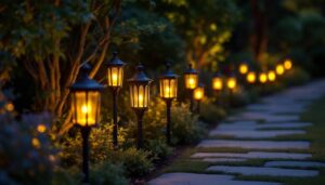 A photograph of an elegant outdoor setting featuring a variety of antique solar lights illuminating a garden pathway