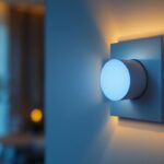 A photograph of a close-up of a stylish dimmable switch being used to adjust the brightness of modern led bulbs in a well-lit