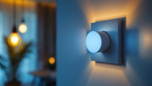 A photograph of a close-up of a stylish dimmable switch being used to adjust the brightness of modern led bulbs in a well-lit