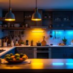 A photograph of a well-lit kitchen showcasing various types of flood lights installed in different areas
