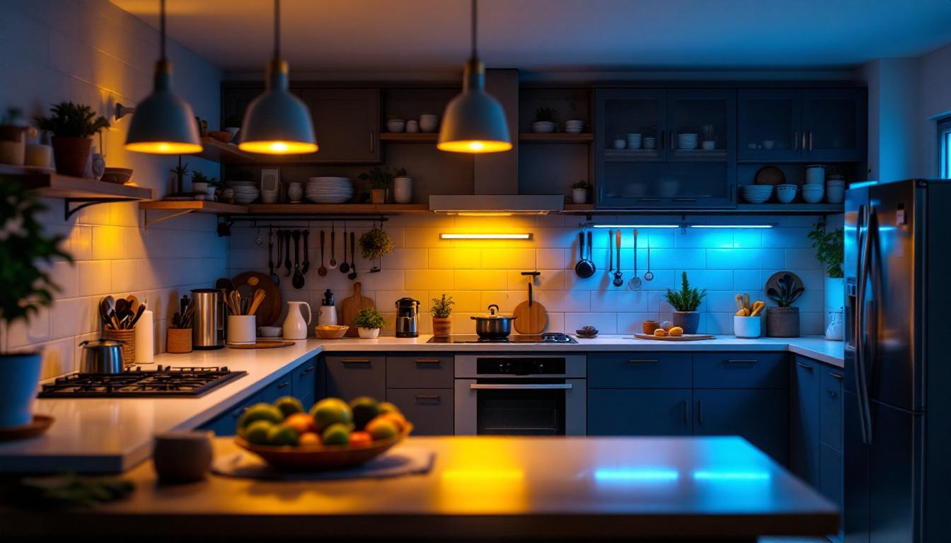 A photograph of a well-lit kitchen showcasing various types of flood lights installed in different areas
