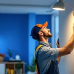 A photograph of a lighting contractor in action