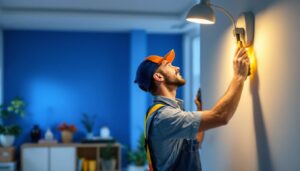 A photograph of a lighting contractor in action