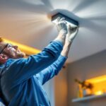A photograph of a skilled lighting contractor efficiently installing a stylish valance lighting fixture in a modern interior
