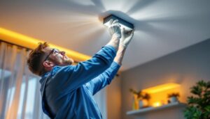 A photograph of a skilled lighting contractor efficiently installing a stylish valance lighting fixture in a modern interior
