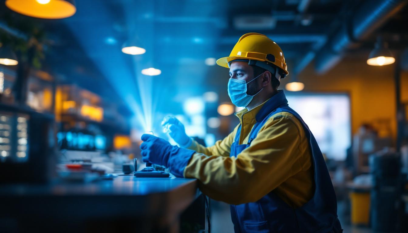 A photograph of a lighting contractor using uv sanitizing lights in a commercial setting