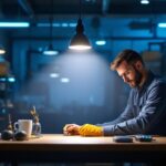 A photograph of a well-lit workspace featuring a 2 ft shop light in action
