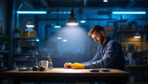 A photograph of a well-lit workspace featuring a 2 ft shop light in action