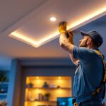 A photograph of a lighting contractor installing sleek