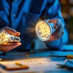 A photograph of a lighting contractor expertly replacing an mr16 halogen bulb with an led equivalent