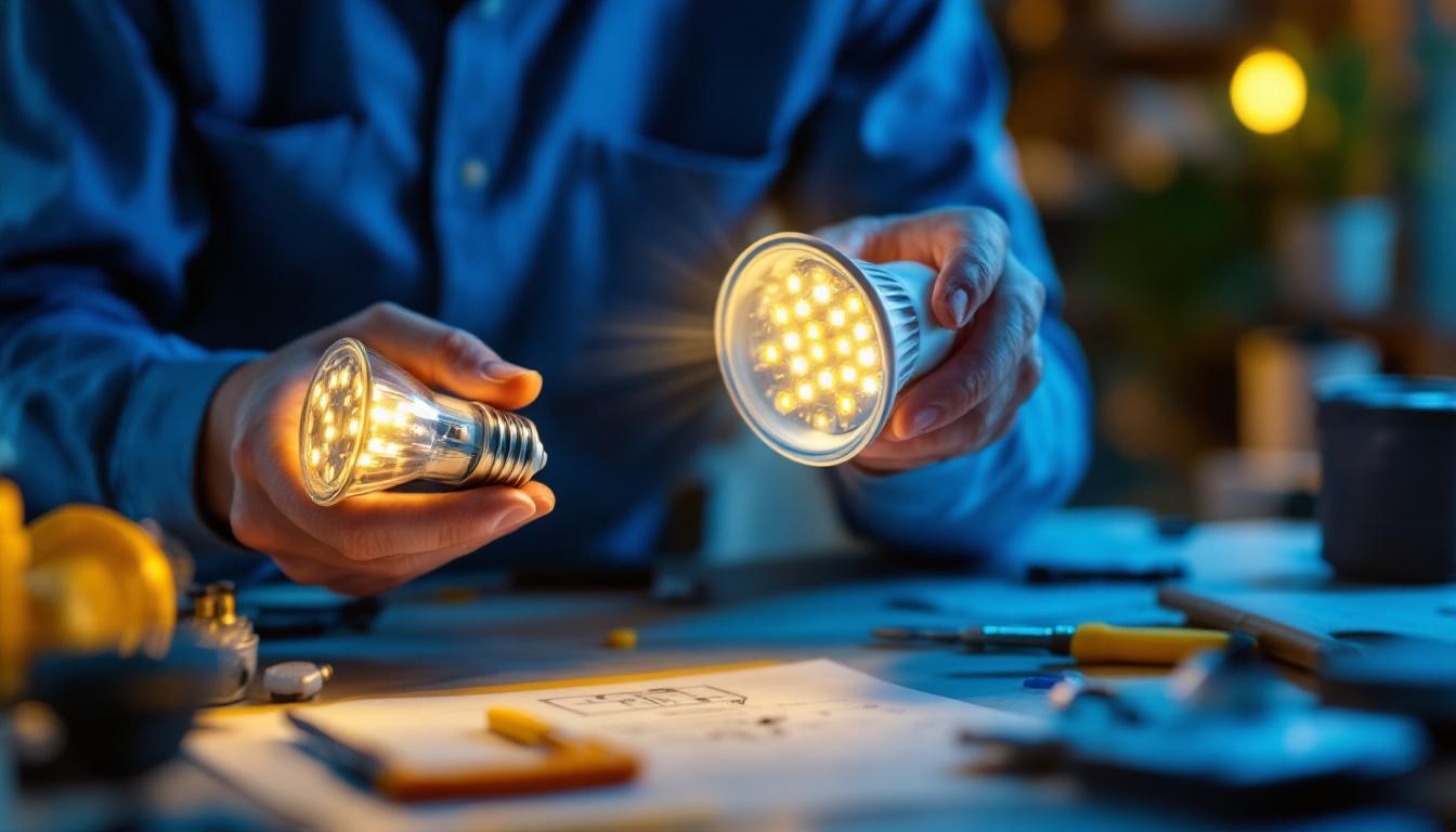 A photograph of a lighting contractor expertly replacing an mr16 halogen bulb with an led equivalent