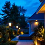 A photograph of a well-lit outdoor space showcasing various types of exterior lighting fixtures