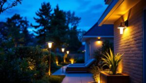 A photograph of a well-lit outdoor space showcasing various types of exterior lighting fixtures