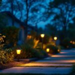 A photograph of a well-lit outdoor space showcasing various styles of flood led light bulbs illuminating gardens or pathways at dusk
