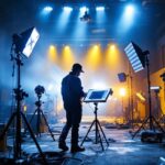 A photograph of a lighting contractor in action