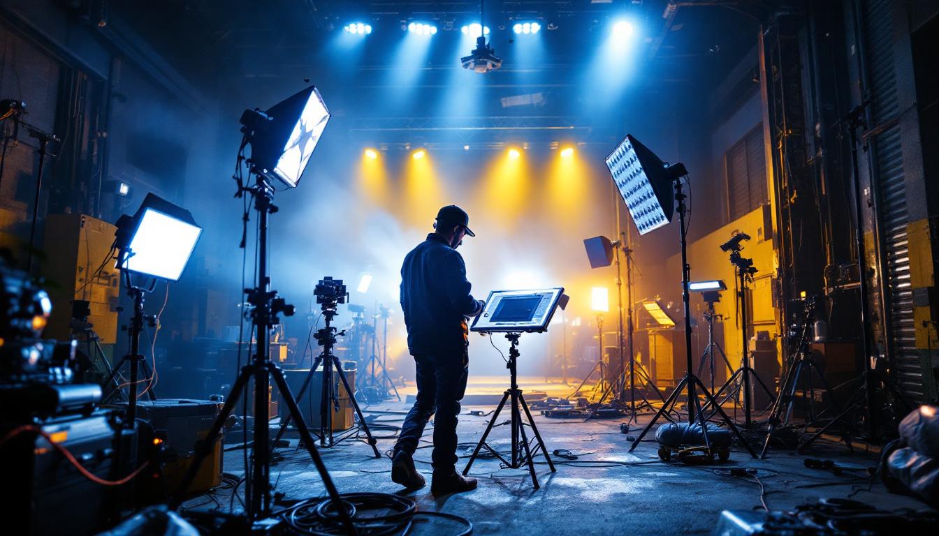 A photograph of a lighting contractor in action