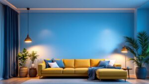 A photograph of a well-lit living room showcasing various ceiling light fixtures