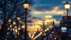 A photograph of a well-lit street scene featuring various styles of lamposts