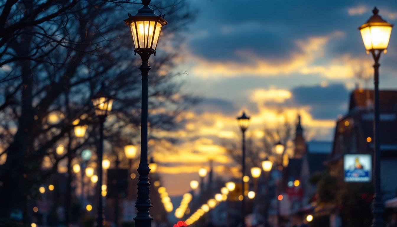 A photograph of a well-lit street scene featuring various styles of lamposts
