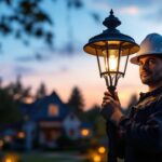 A photograph of a lighting contractor installing an elegant outdoor post light in a residential setting