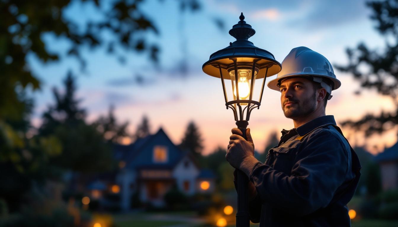 A photograph of a lighting contractor installing an elegant outdoor post light in a residential setting