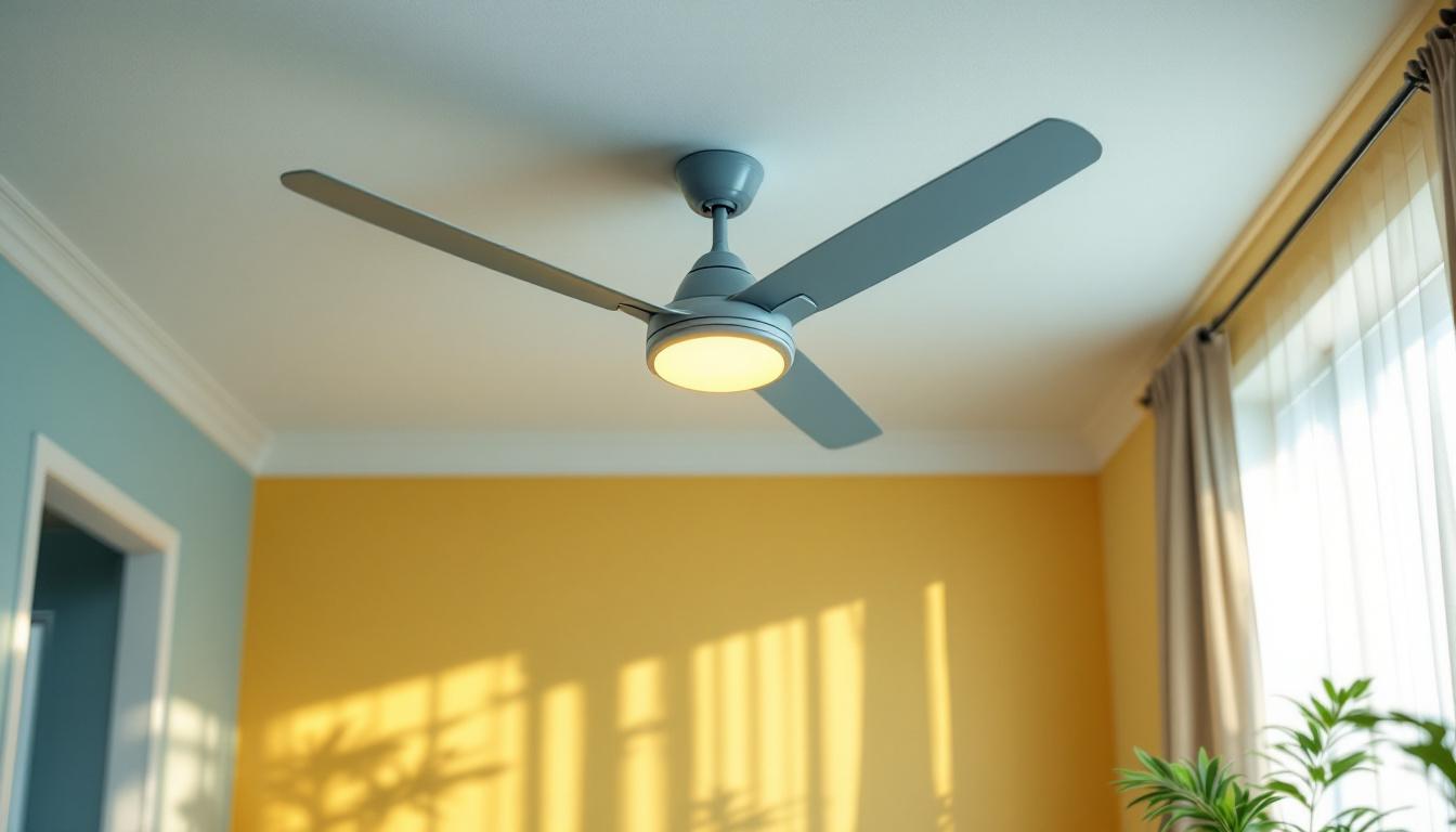 A photograph of a stylish ceiling fan in a well-lit room