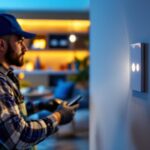 A photograph of a lighting contractor installing a motion detector dimmer switch in a modern home setting