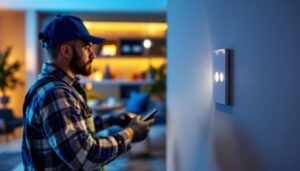 A photograph of a lighting contractor installing a motion detector dimmer switch in a modern home setting