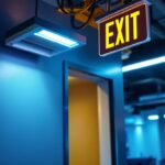 A photograph of a lighting contractor installing combo exit signs in a commercial space