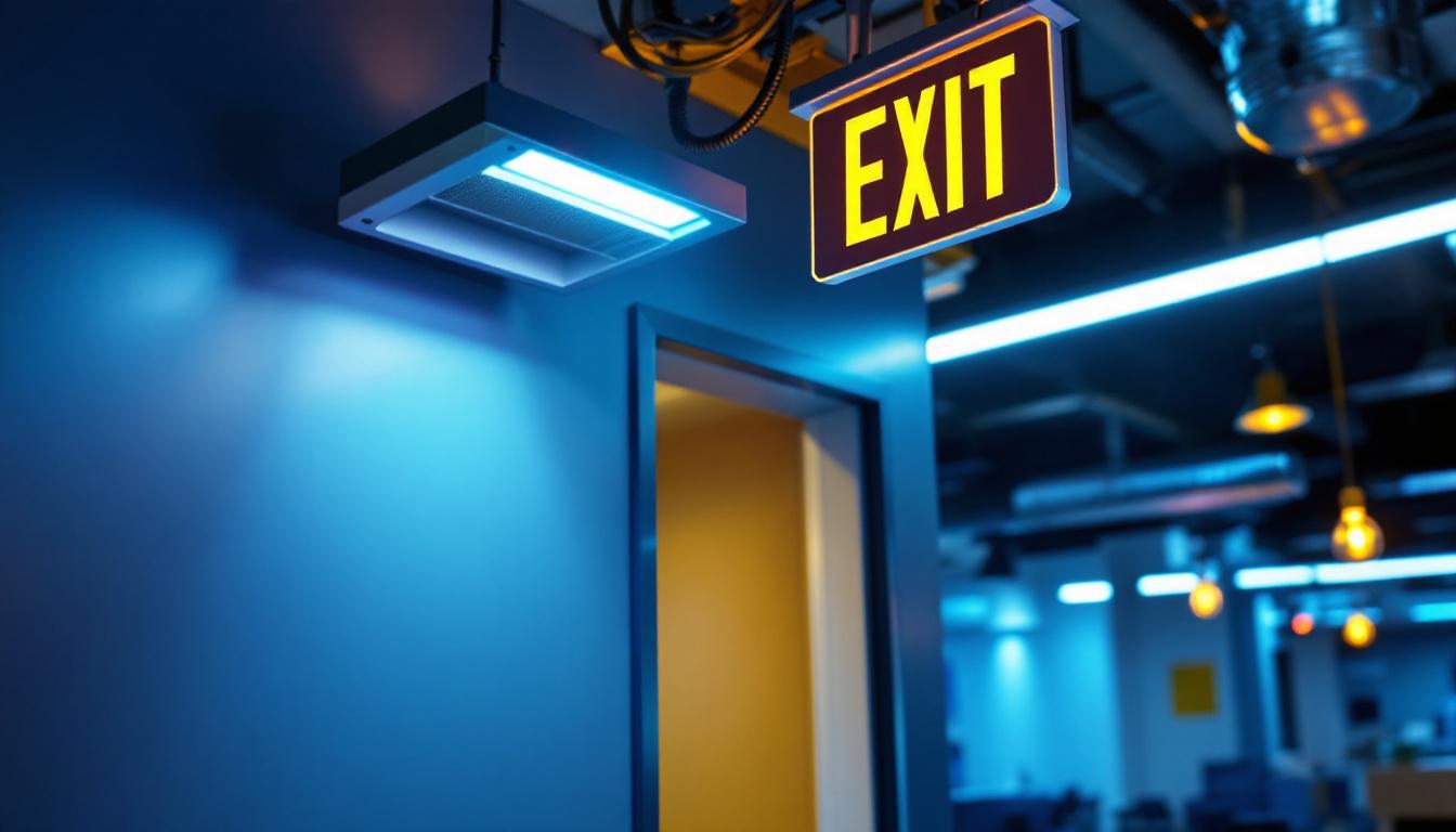 A photograph of a lighting contractor installing combo exit signs in a commercial space
